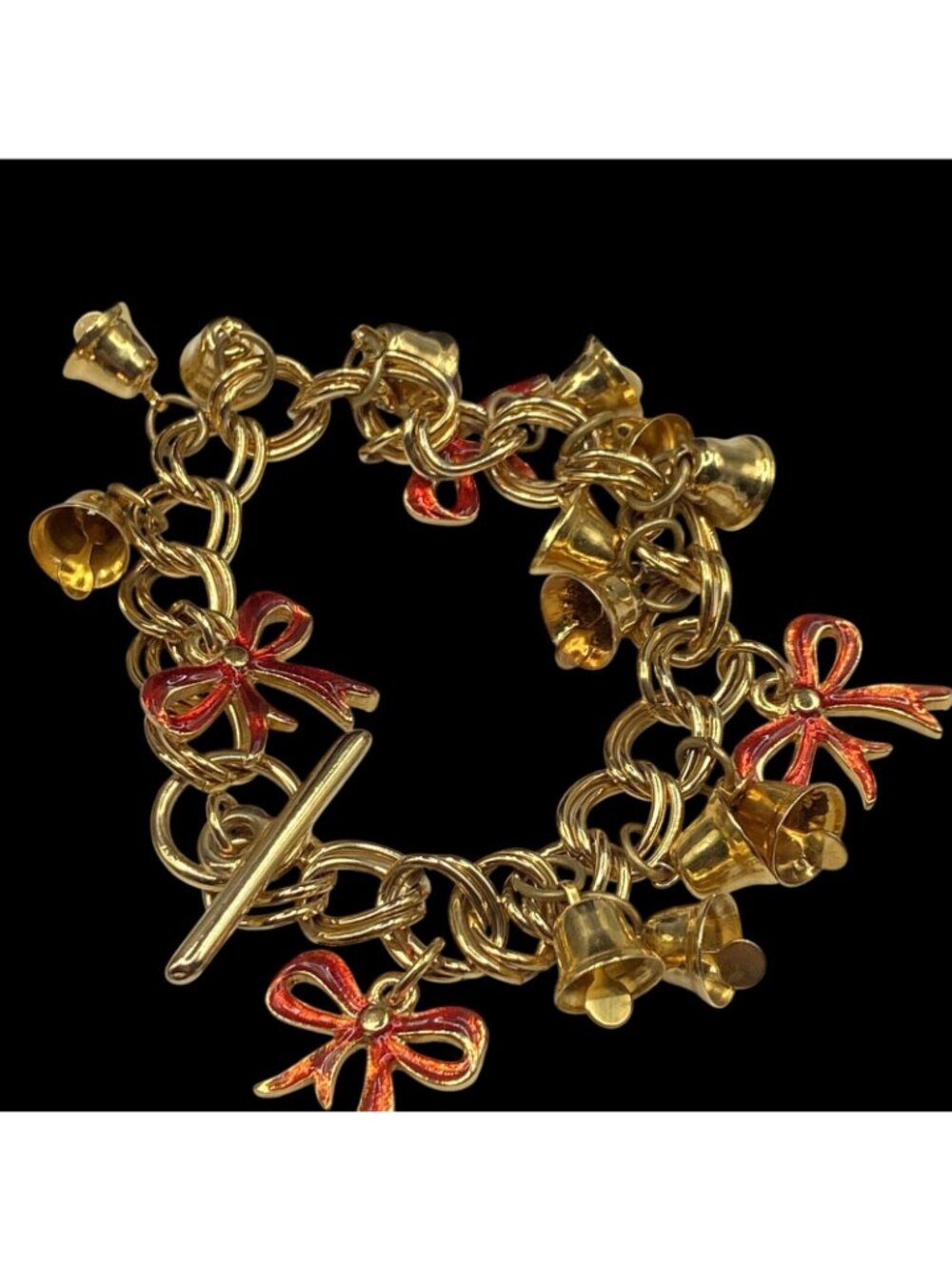 Christmas Bells Earrings & Bracelet With Enamel Red Bows Size 6.5 Gold Tone - Picture 6 of 6